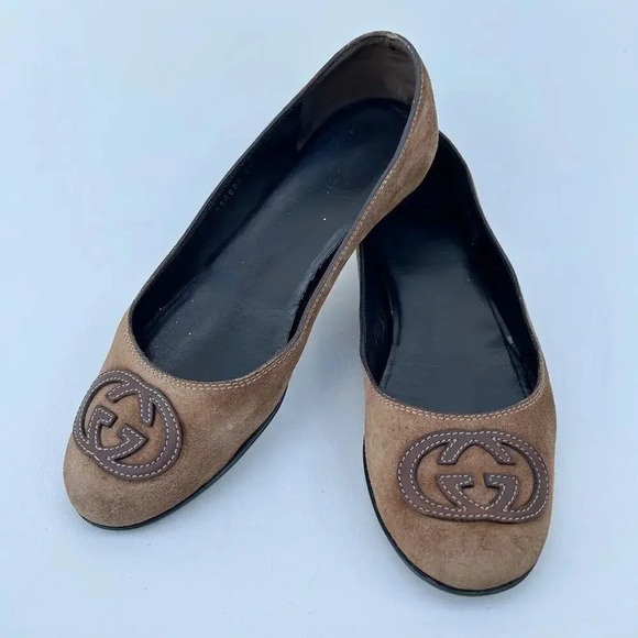 Gucci Interlocking GG Logo Ballet Flats Shoes Brown Suede Slip Ons 7.5 Size 37.5 - Picture 1 of 11